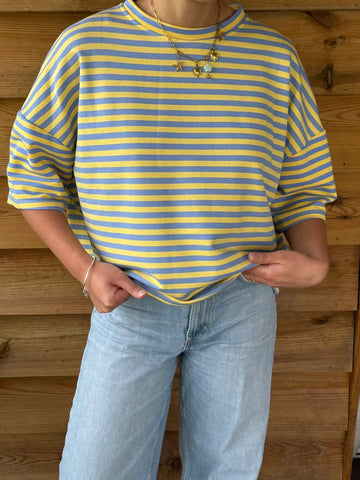 Pull oversize à rayures vert olive manches courtes