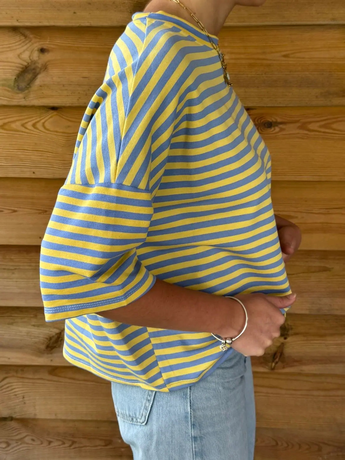 Pull oversize à rayures vert olive manches courtes