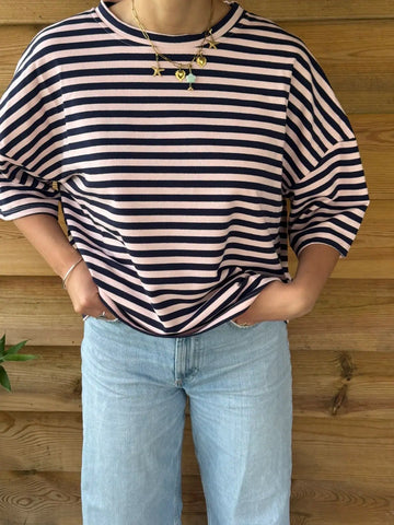 Pull oversize à rayures bleu & rose manches courtes