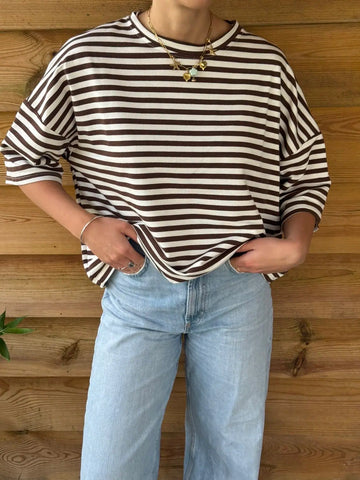 Pull oversize à rayures marron & creme manches courtes