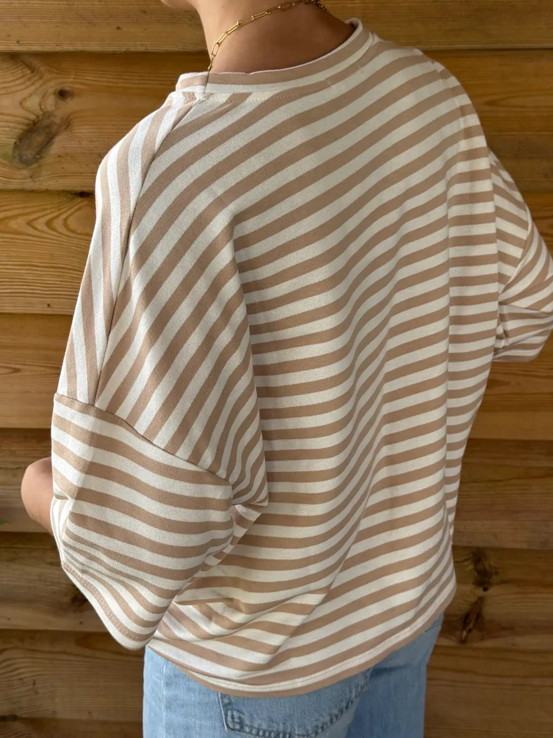 Pull oversize à rayures cappuccino manches courtes