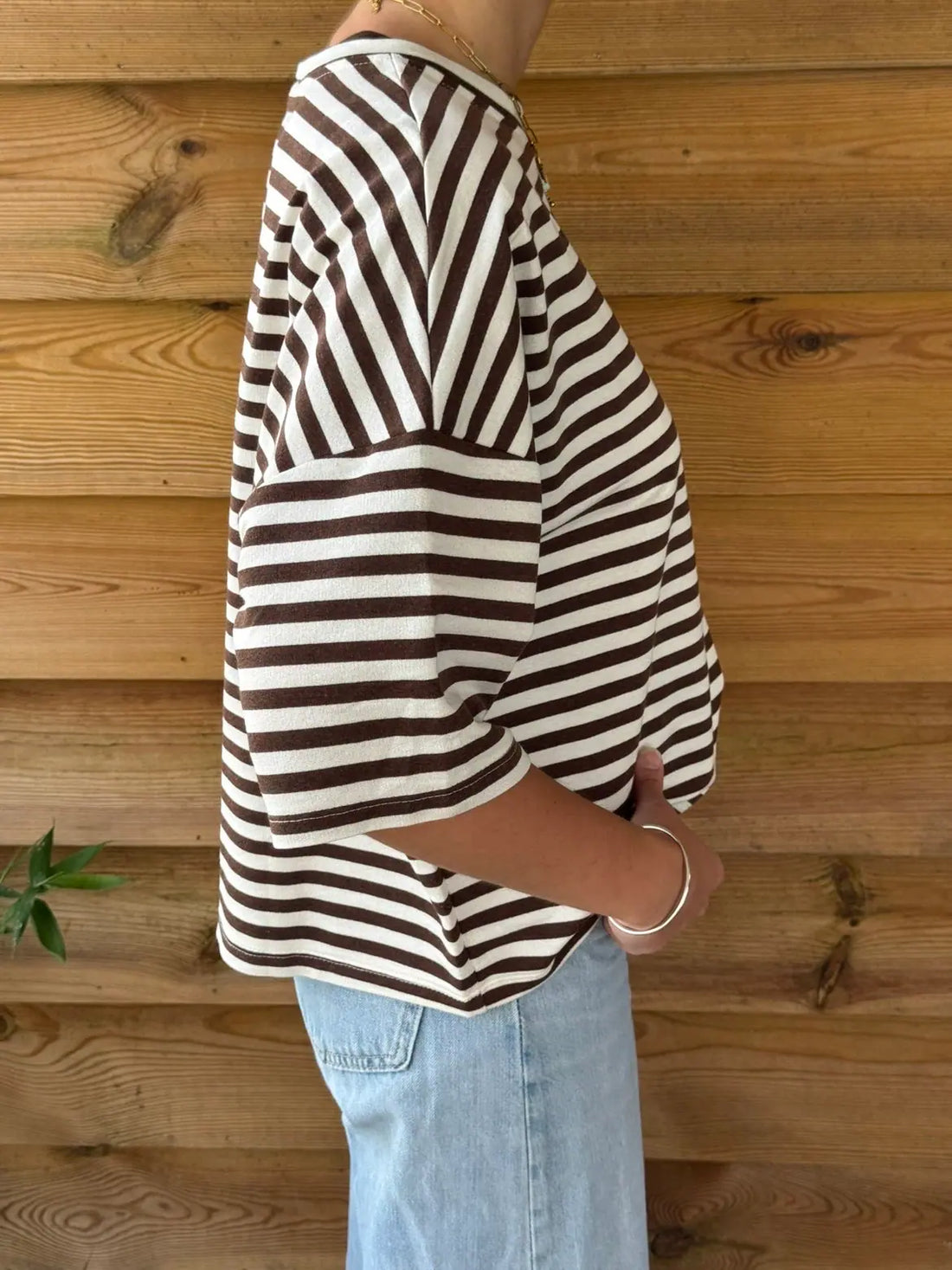 Pull oversize à rayures marron & creme manches courtes
