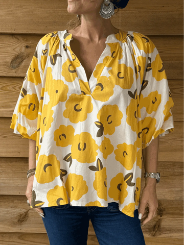 Tunique fluide fleurie jaune col boutonné