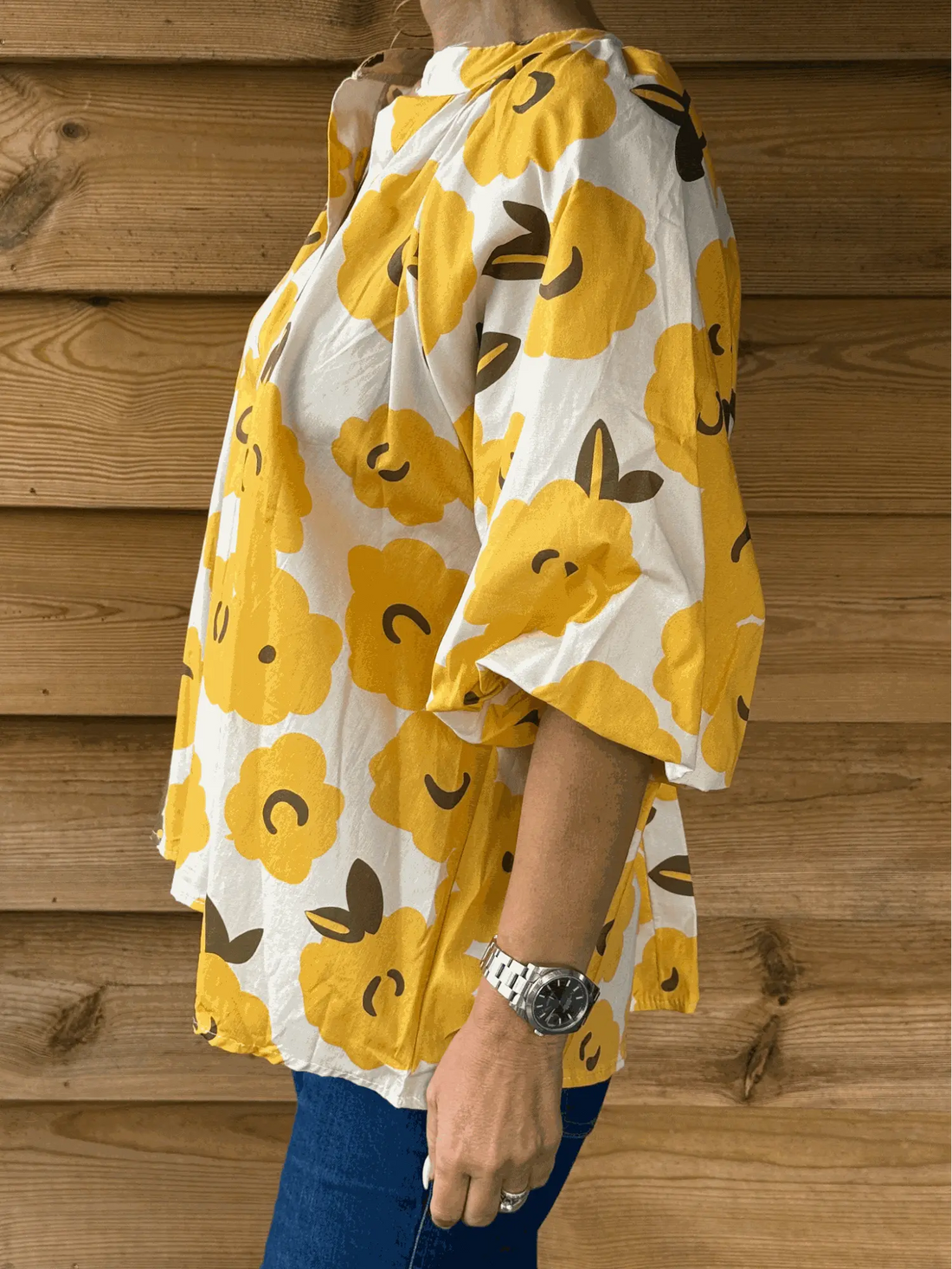 Tunique fluide fleurie jaune col boutonné