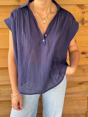 Tunique fluide indigo col boutonné manche courte