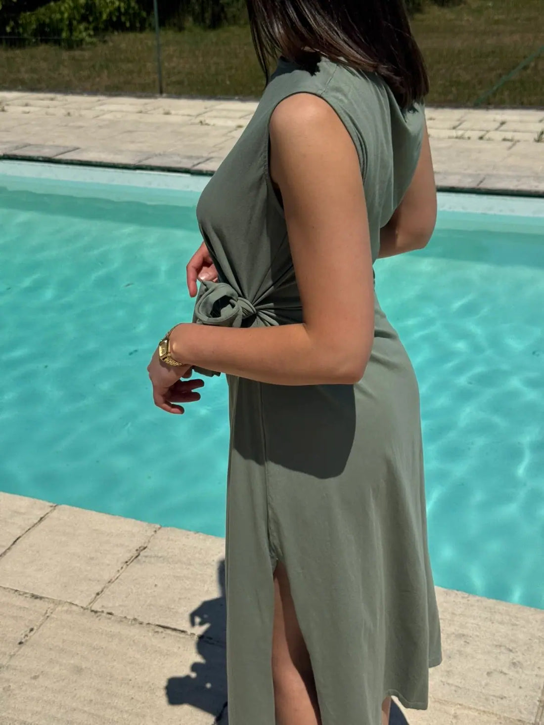 Robe midi drapée vert kaki