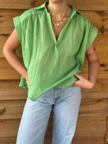Tunique fluide vert pomme col boutonné manche courte